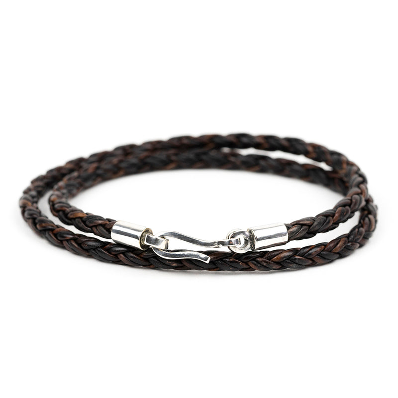 Silver Round Braided Leather Double Wrap