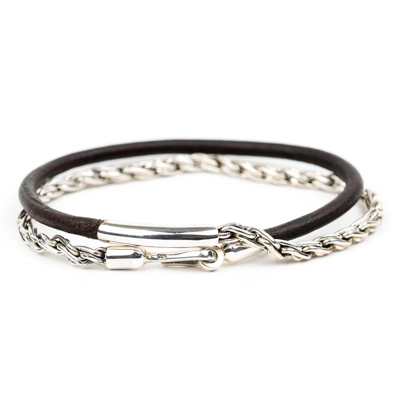 Silver Chain and Leather Bracelet